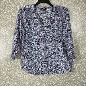 Soiree Blue & Pink Floral Cottage V-Neck Blouse - Size Large - Balloon Sleeves